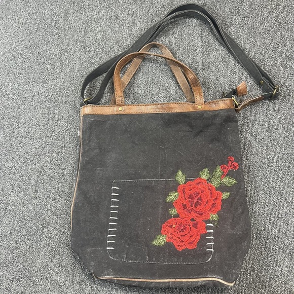 Mona B Boho Rose Embroidered Canvas Leather Trim Long Tote Crossbody Bag Black — photo 2